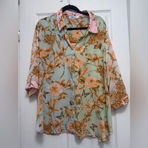 Rose & Olive Mint Floral Button-Down Blouse with Peach Accents